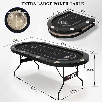 RAYKEEP 84" Poker Table for 10 Players, Foldable Texas Holdem Table with Padded Rails & 10 Cup Holders, Portable Casino Board Game Table for Game Room, Blackjack, Party (Black)