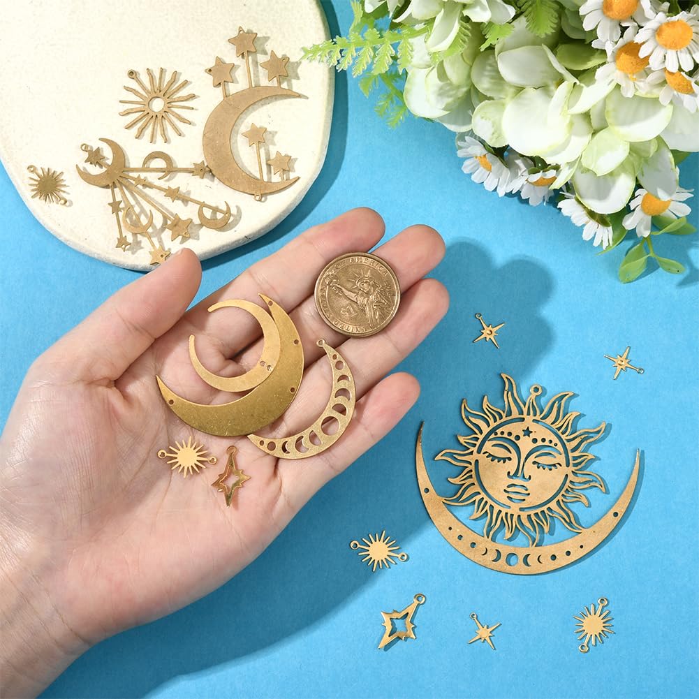 SUNNYCLUE 1 Box 19Pcs 10 Styles Filigree Star Charms Flat Connector Link Charms Brass Gold Hollow Sun Moon Retro Vintage Joiners Links Pendants Findings for Jewelry Making Necklace Bracelet DIY Craft