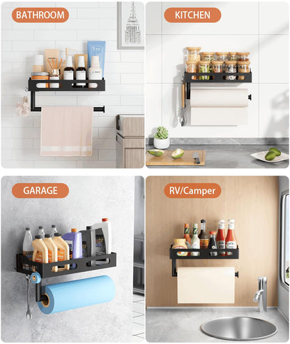 Paper Towel Holder Wall Mount for Kitchen, One-Handed Tear, Bathroom Paper Towel Holder with Shelf, RV Paper Towel Rack Wall Mount Paper Roll Holder with 4 Hooks, Matte Black