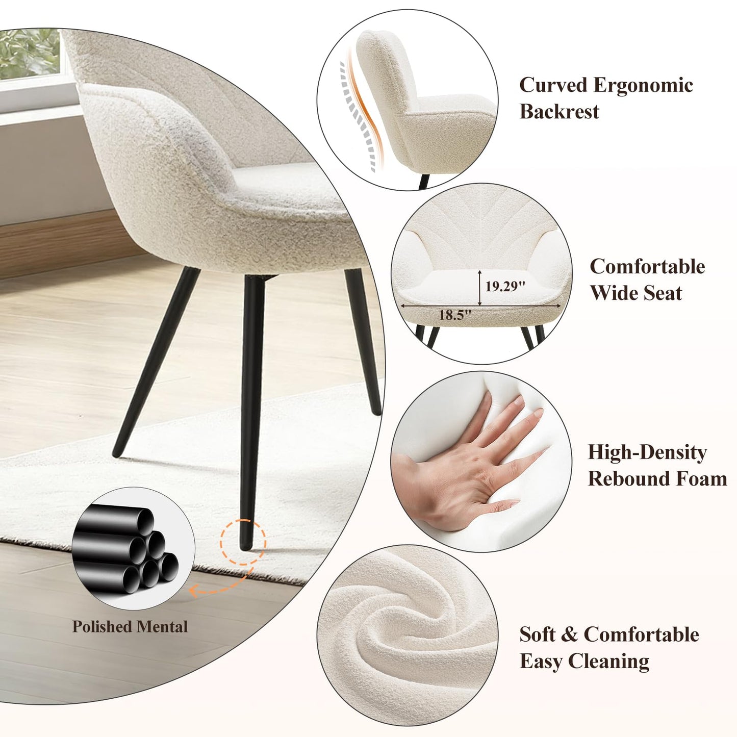 MALOL Mid-Century Modern Beige Sherpa Accent Chair, Upholstered Armchair for Living Room/Bedroom/Reading Corner, Curved Back & Padded Seat, High-Density Cushion, Soft Cozy Fabric,Set of 2