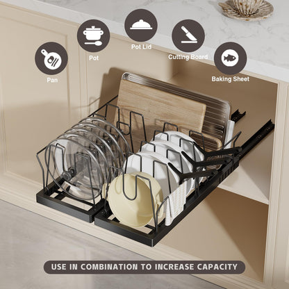 Magheo Pots and Pans Organizer Under Cabinet, 22" Deep Expandable Pull Out Pot Lid Organizer and Storage with 10 Adjustable Dividers No Drill Pot and Pan Holder Rack with Handle Bracket(1 Pack,Black)