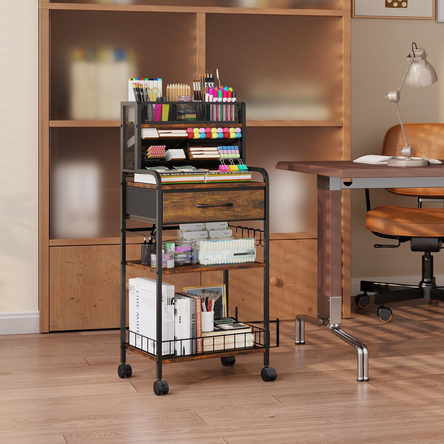 Homsorout Art cart, 3 Tier Rolling Cart - Utility Cart with Storage Drawer and Wheels, Versatile Art & Craft Organizer for Home, Office, or Studio Ideal for Storing Brushes, Paints （Brown）