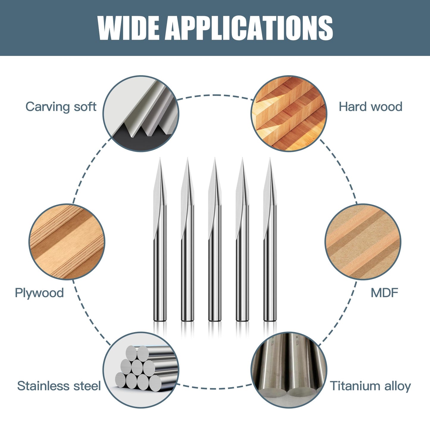 HUHAO 5PCS CNC Wood Carving Router Bit Set,20 Degree Engraving 1/8 Inch Shank V Bit 2 Flute 0.1mm Tip Carbide V Bit for Acrylic Metals Wood MDF PVC