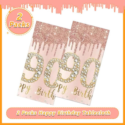 Poqirzan 2PCS Pink Rose Gold 90th Birthday Tablecloth 90th Birthday Table Cover Party Supplies Happy 90st Party Decorations for Women Plastic Disposable Gathering Table Cloth (54"x108")