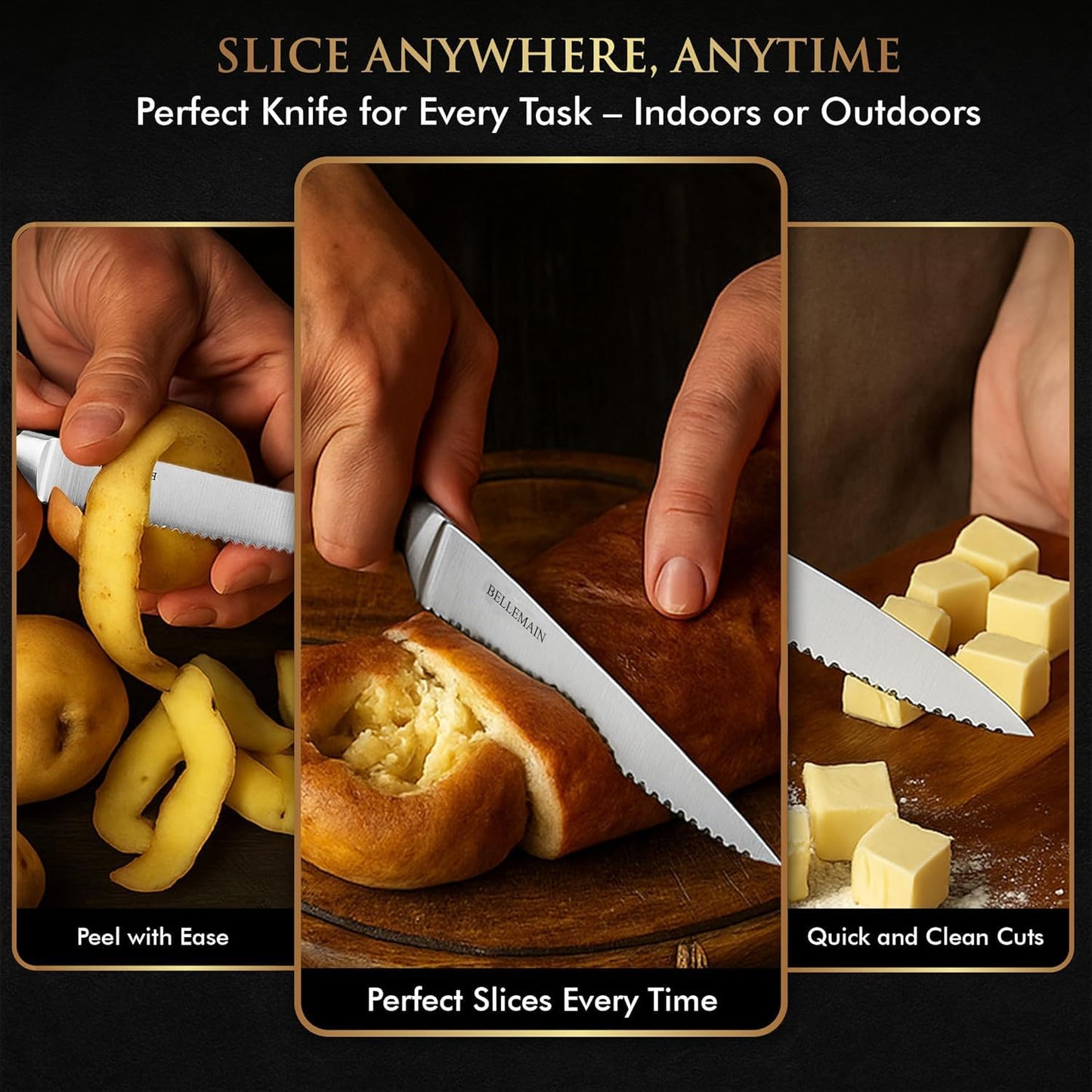 Bellemain Premium Steak Knives Set of 6, Kitchen Knife Sets with Steel Blades for Precise Cutting, Lightweight Steak Knife Set Stainless Steel & Durable, Serrated Steak Knives Dishwasher Safe