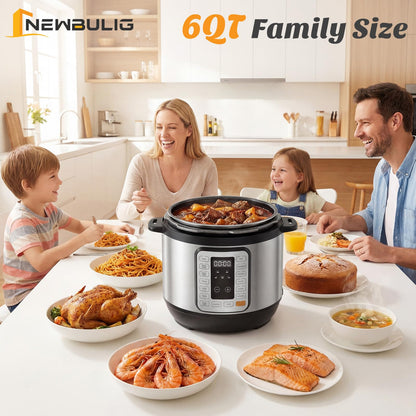 NEWBULIG 16-in-1 Electric Pressure Cooker, 6QT Multi Cooker with 12 Presets, Slow Cook Rice Steamer Sauté Soup Meat Stew Canning Yogurt Maker, Ceramic Inner Pot & Recipe Book Included, Silver