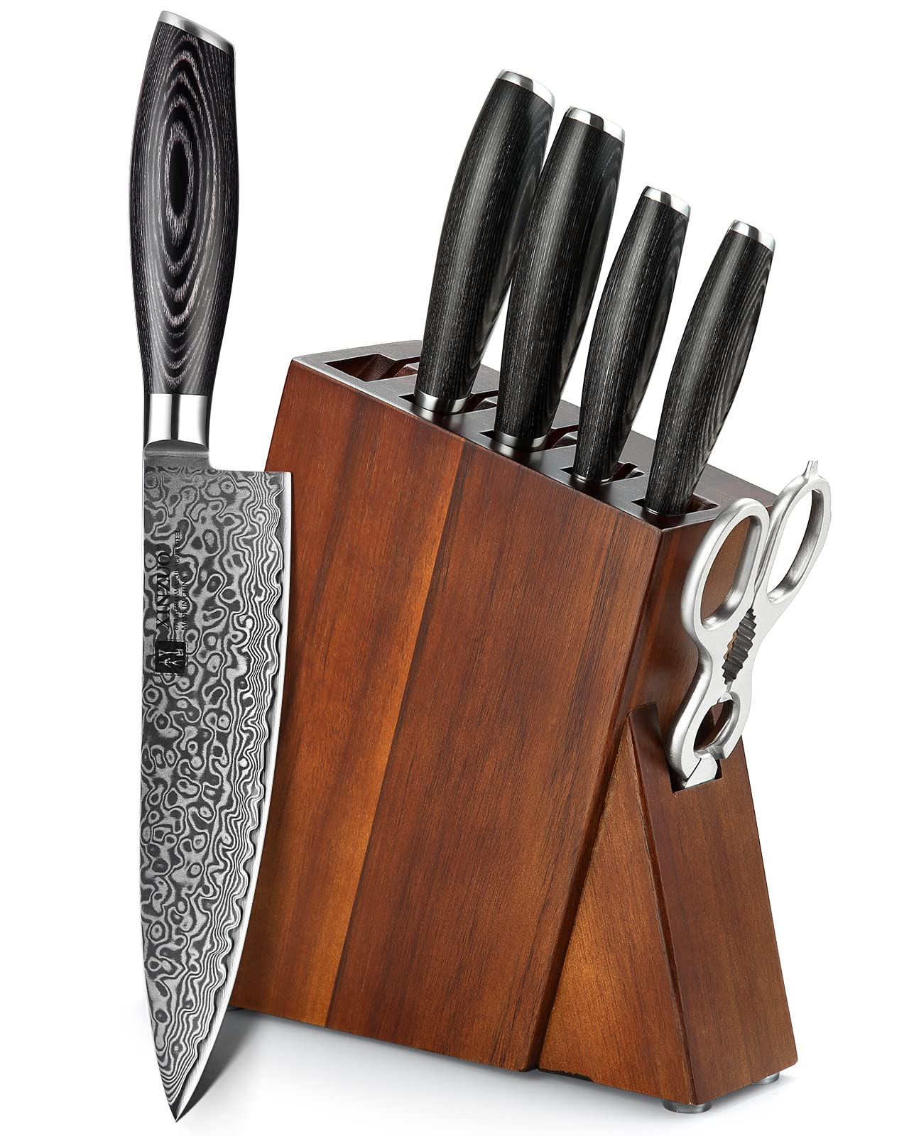 XINZUO Kitchen Knife Block Set,7-Piece Damascus Cooking Knife Set with Kitchen Shears for Professional Chefs and Home Cooking,Pakkawood Handle, Gift Box