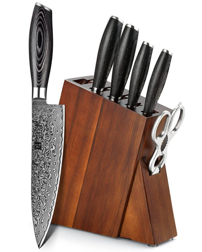 XINZUO Kitchen Knife Block Set,7-Piece Damascus Cooking Knife Set with Kitchen Shears for Professional Chefs and Home Cooking,Pakkawood Handle, Gift Box