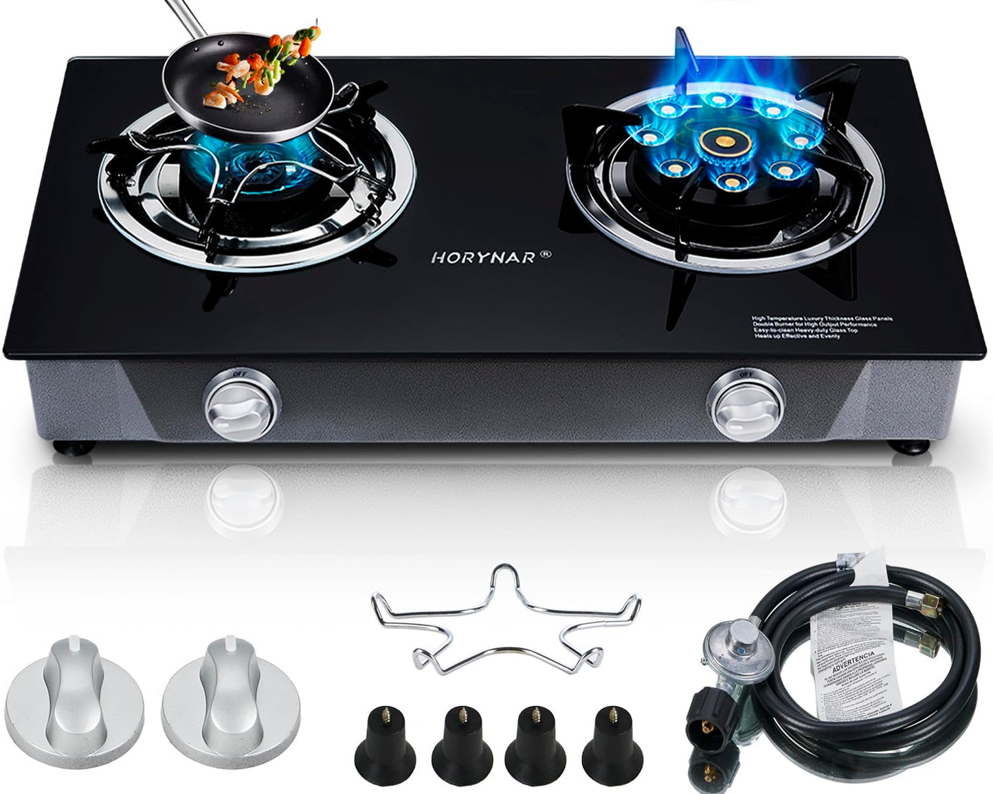Horynar Propane Stove 2 Burner Gas Stove Novel 9 Copper Propane Burners Auto Ignition Tempered Glass with LPG CSA Hose for Outdoor Cooking,Emergency