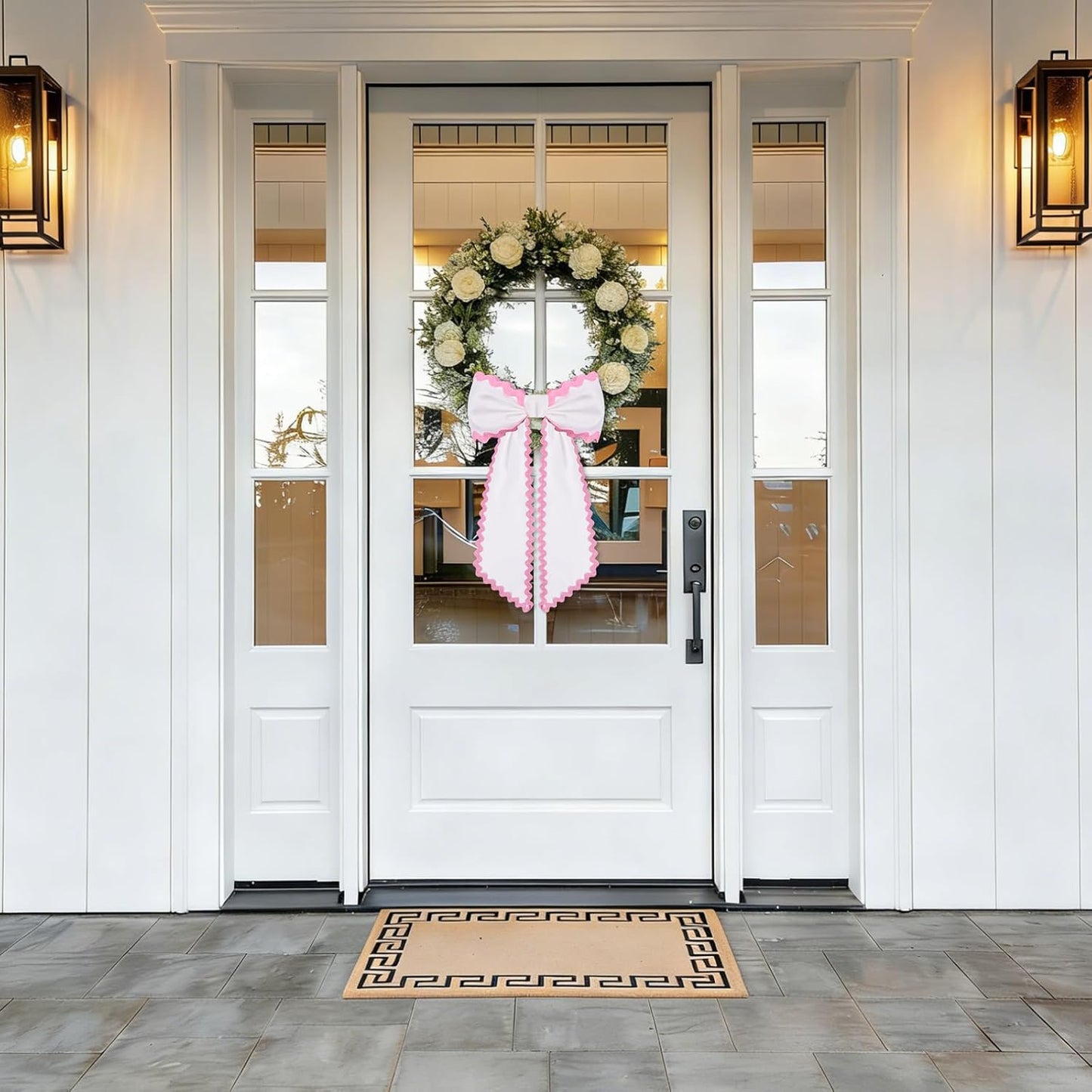 Skiennix Scalloped Wreath Sash - Elegant Ruffle Ribbon Bow for Front Door Decor | White & Pink Set of 2