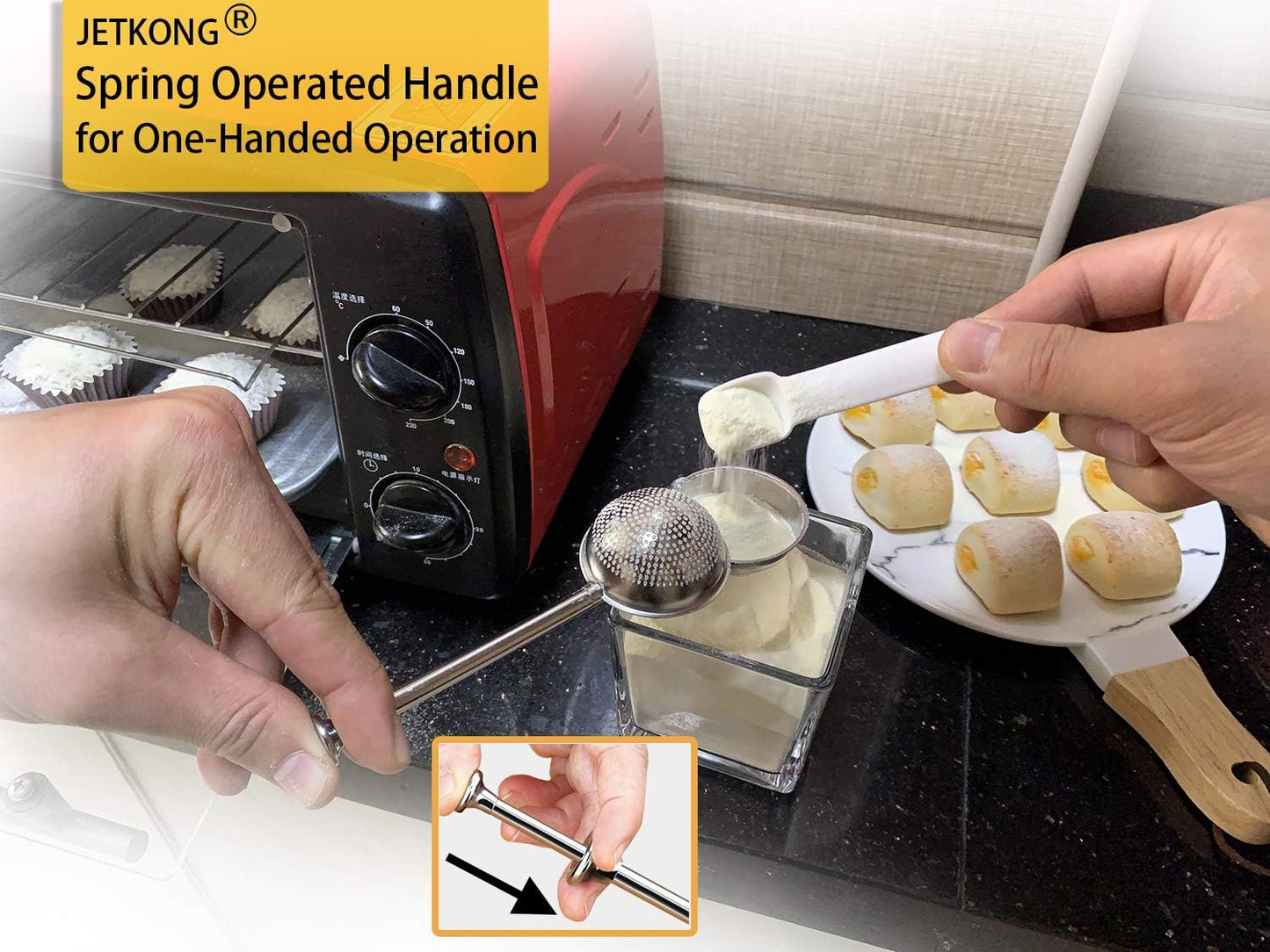 18/8 JETKONG Powdered Sugar Shaker Duster Flour Dispenser Shaker with Stainless Steel Spring-operated Handle for Sugar