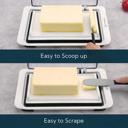 KITCHENDAO Airtight Flip-Top Butter Dish with Lid and Knife Spreader for Countertop and Refrigerator, Butter Keeper, Plastic Butter Holder Tray for 2 Sticks East Coast/ West Coast/ Kerrygold Butter
