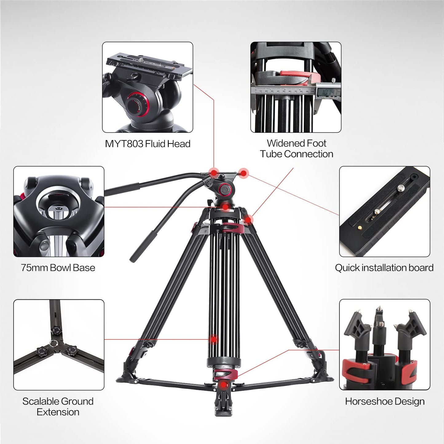 miliboo Heavy Duty Tripod Professional Video Tripod Fluid Head Tripod with Adjustable Damping, Photography Tripod for Large Equipment, Load 33 lbs, Included Ground Spreader, Aluminum MTT609A