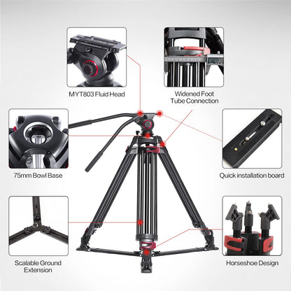 miliboo Heavy Duty Tripod Professional Video Tripod Fluid Head Tripod with Adjustable Damping, Photography Tripod for Large Equipment, Load 33 lbs, Included Ground Spreader, Aluminum MTT609A