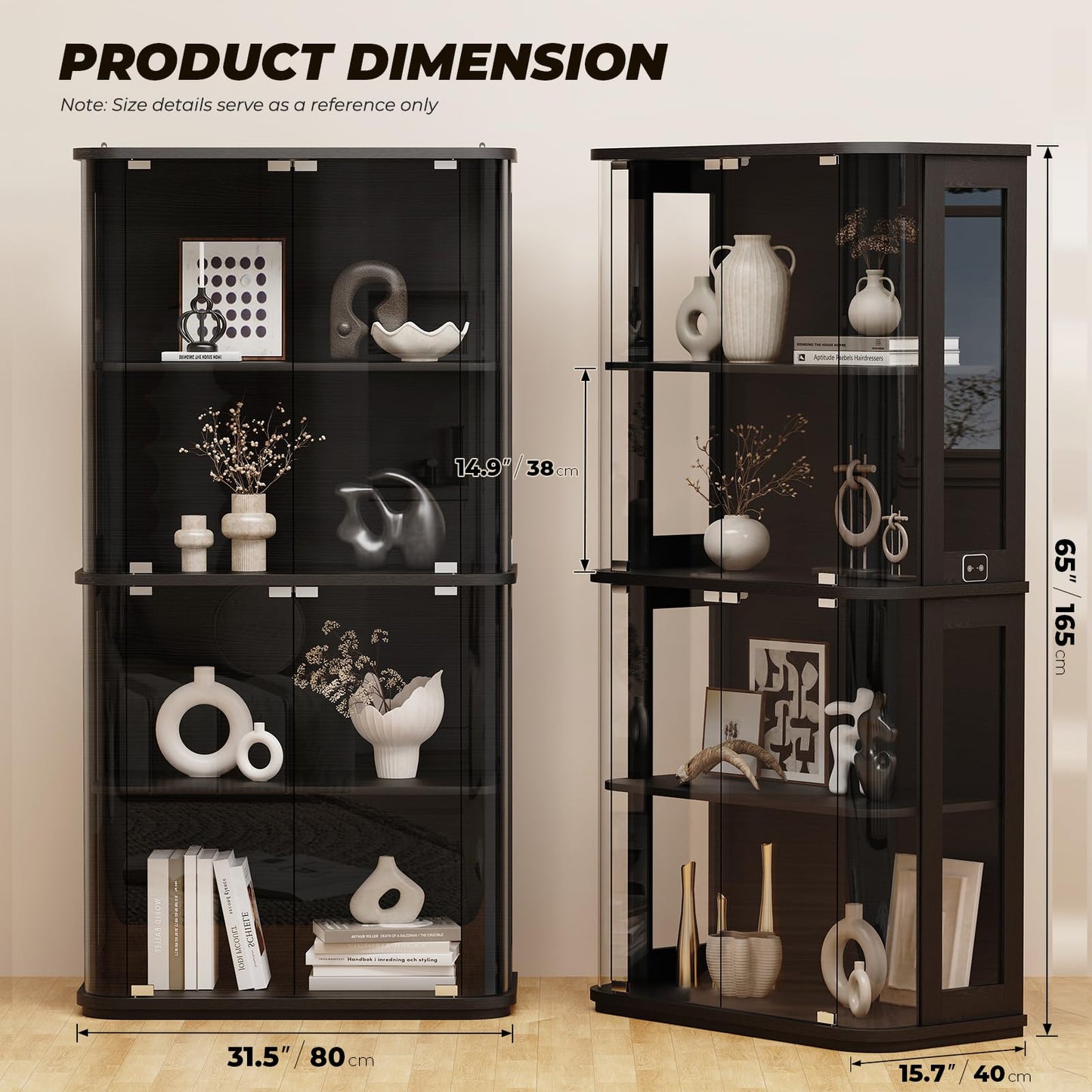 BROTTAR Rounded Display Cabinet with Glass Door, 4-Tier Curio Cabinet with Transparent Full-Display Surface for Collectibles, Glass Display Case with 3 Color Lights, Human Body Sensor, Black