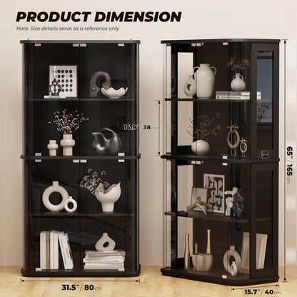 BROTTAR Rounded Display Cabinet with Glass Door, 4-Tier Curio Cabinet with Transparent Full-Display Surface for Collectibles, Glass Display Case with 3 Color Lights, Human Body Sensor, Black