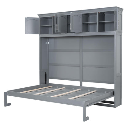 YOPTO Full Size Murphy Bed Cabinet,Folding Wall Bed Frame with Top Storage Lockers,Hidden Platform Bed Chest W/Wood Slats Support,Space-Saving,Easy Assembly,for Bedroom,Guest Room,Home,Office,Gray