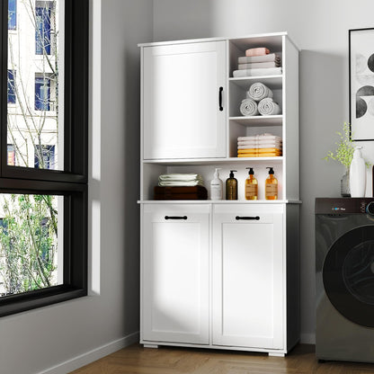 Tall Laundry Cabinet with Double Tilt Out Laundry Hamper, Freestanding Floor Bathroom Cabinet with 12 * 2 Gallon Laundry Storage Basket for Bathroom, Kitchen, White