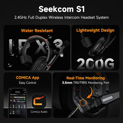 COMICA Seekcom S1 Wireless Intercom Headset System, 2.4GHz Full-Duplex Communication Headsets with 500m/1640ft Range, Noise Reduction, One-Key Broadcasting & Talk Modes for Live Show, Events (2 Sets)