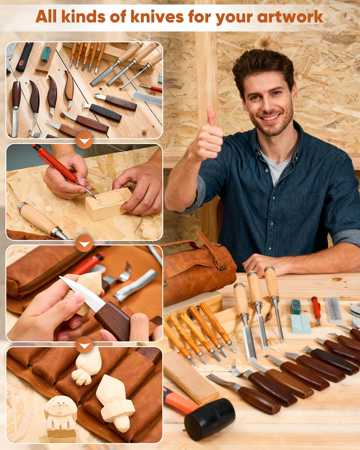 SakerNeo Deluxe Wood Carving Kit whittling kit, 25 Piece Wood Carving Tools with Thick Leather Storage Bag,wood carving set-Ideal Woodworking Tools and Hobbies for Beginners Enthusiasts Gift DIY