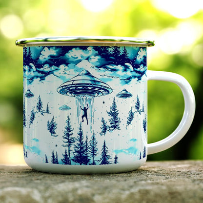 UFO Alien Abduction Enamel Camp Mug, Outdoor Camping Campfire Coffee Cup (12oz)
