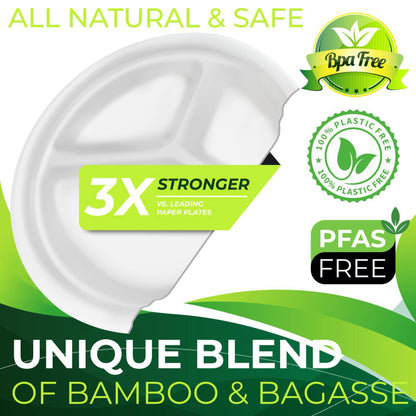 BIRCHIO 150-Piece 100% Compostable 10in Paper Plates, 3-Compartment Heavy Duty Disposable Eco-Friendly Biodegradable Sugarcane Fiber Plates