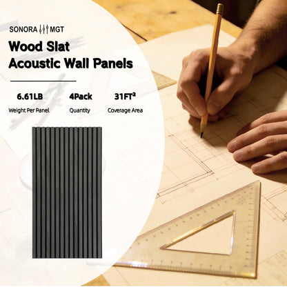 SONORA MGT 4 Pack Acoustic Wood Slat Wall Panels 47.24'' X 23.62'', Echo Reduction, 3D Fluted Wall Panels for Interior Wall Decor (Matte Black)