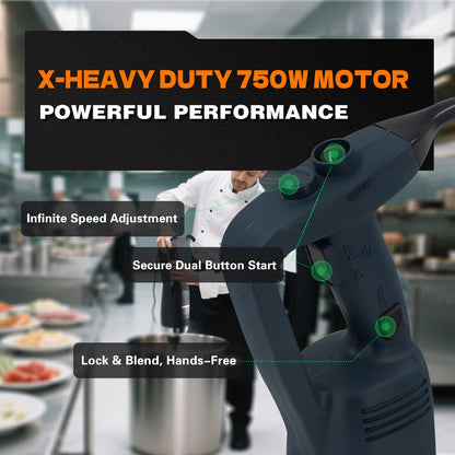 COOLUMA X-Heavy Huty 750W Commercial Immersion Blender, 20 Inch Removable Shaft, 8,000-19,000 RPM Variable Speed, 42 Gallons Hand Mixer, Secure Dual Button Start.
