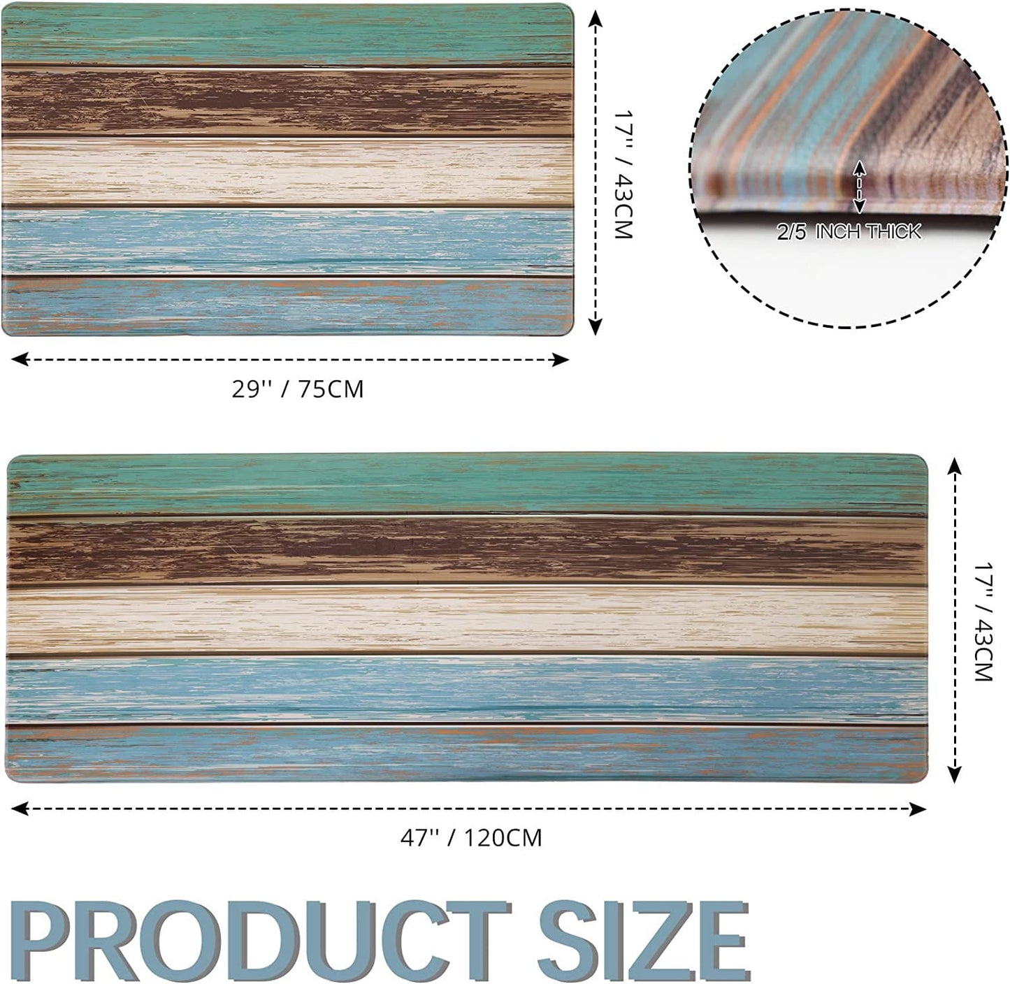 MAYHMYO Kitchen Rugs and Mats Set of 2 Teal Farmhouse Anti Fatigue Mat PVC Non Slip Retro Rustic Wood Texture Kitchen Mats for Floor,17.3 x 29 x 0.4 inch + 17.3 x 47 x 0.4 inch