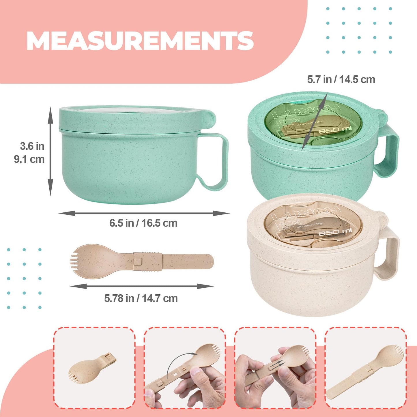 MATICAN Microwave Soup Bowl with Lid, 2-Pack Soup Mug with Lid, Microwave Containers for Ramen Noodles, Soup, Beverages, 28.74 Ounces, Mint, Eggshell White, Includes Spork
