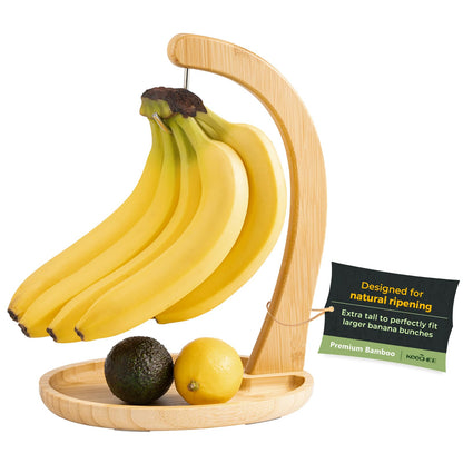 keechee Premium Bamboo Banana Holder with Fruit Tray, Extra Tall 12.9" Banana Hanger Stand for Kitchen Countertop, Sturdy Banana Hook Keeps Fruit Fresh & Bruise-Free, Easy Assembly