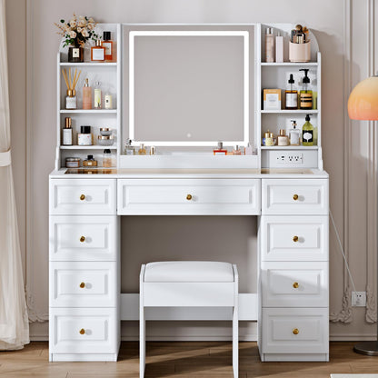 Arulvmrn 43" Makeup Vanity Desk with Mirror and Lights, & Power Outl, Glass Top Big Vanity Table with 9 Drawers& 8 Storage Shelves, Dressing Table Set with Chair for Bedroom, White