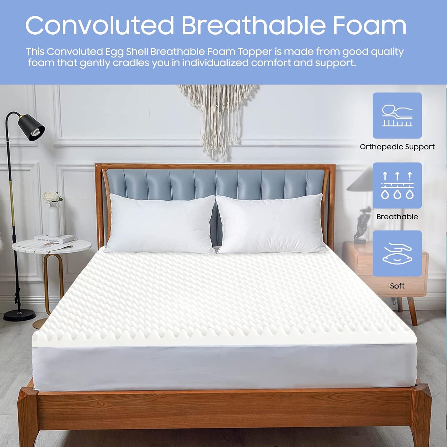 2-inch Greaton Breathable Convoluted Egg Shell Foam Mattress Topper | Toppers for Mattresses Adds Ultimate Comfort
