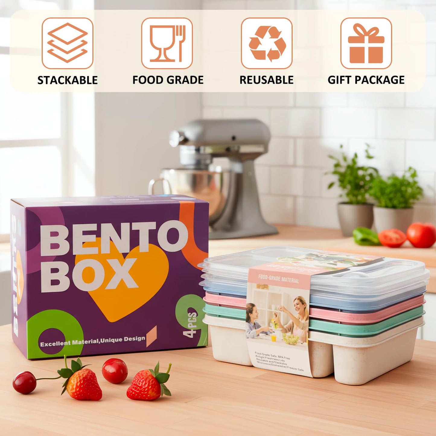 Bento Box Adult Lunch Box 5 Compartment Snack Containers for Kids, Reusable Food Storage Meal Prep Lunch Containers - Stackable BPA-Free Wheat Straw Bento Box for School, Work, Travel (4 Pack)