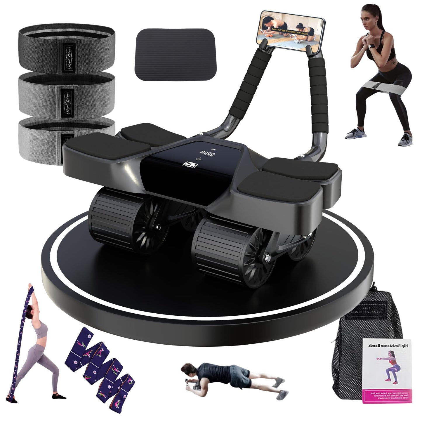 2025 New 4-Wheel Abdominal Roller with Elbow Support : Latest Upgraded High-Performance Exercise Machine With Automatic Rebound, Multi- layered Anti-Slip Design with Calorie Counting LCD Screen