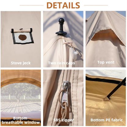 Canvas Bell Tent with Stove Jack, Glamping Yurt Tent for 360° Ventilated Mesh with Zipped Removable Floor, 4 Season Family House Hot Tents for All Year Living (Beige- 4M- 173 sq. ft yurt)