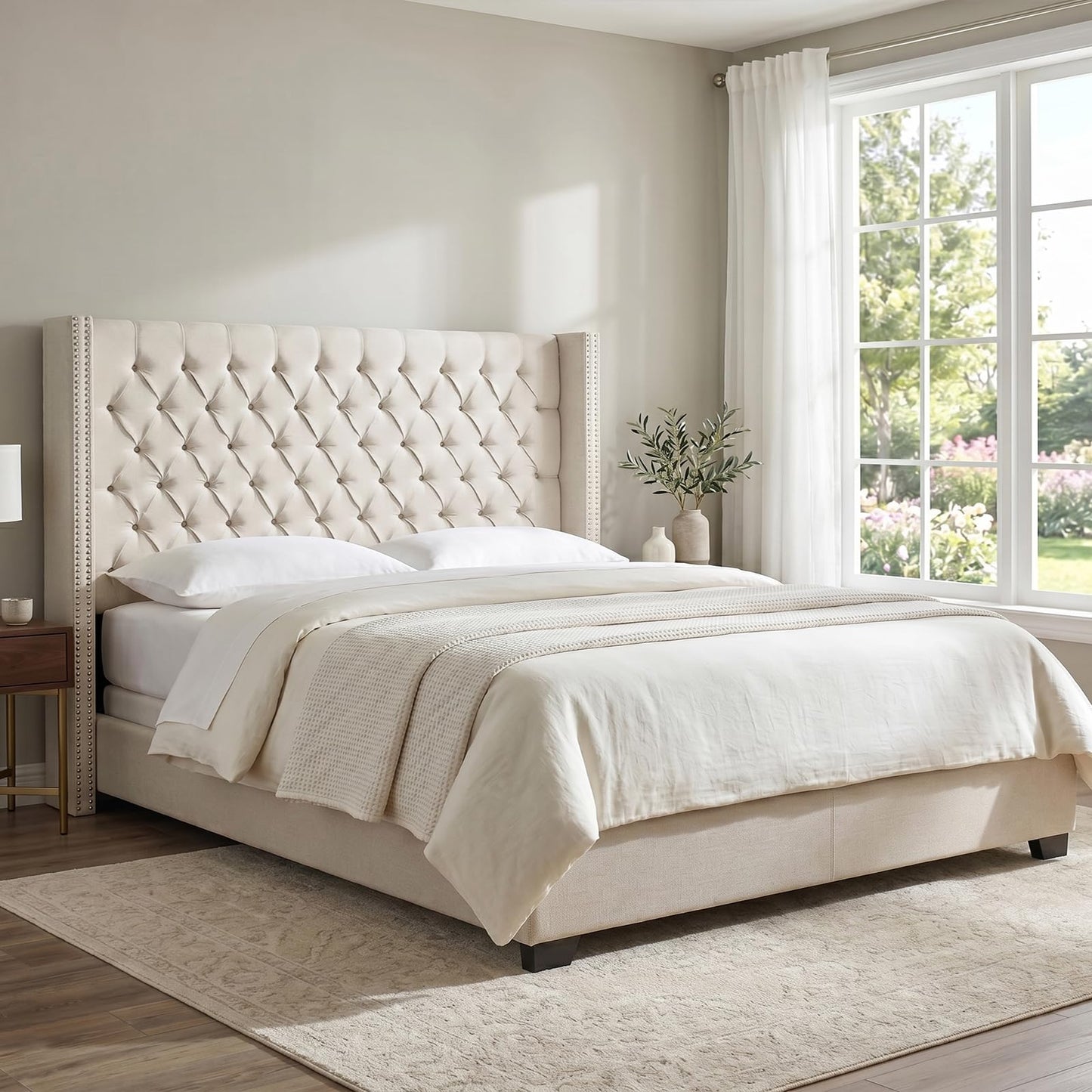 Madison Park Amelia Upholstered Headboard | Nail Head Trim Wingback Button Tufted | Queen, Cream
