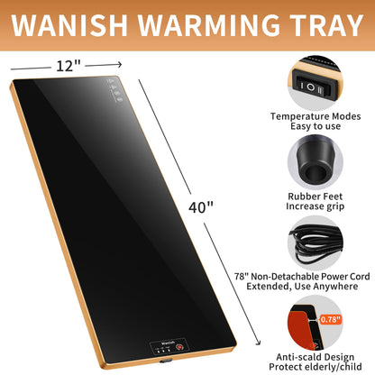Electric Warming Tray (Extra Long 40”x12”), Warming Mat For Food with Thermostat & Full Surface Heating, Food Warmers For Parties Buffet & Gatherings, Temperature Adjustable Tempered Glass Warming Mat