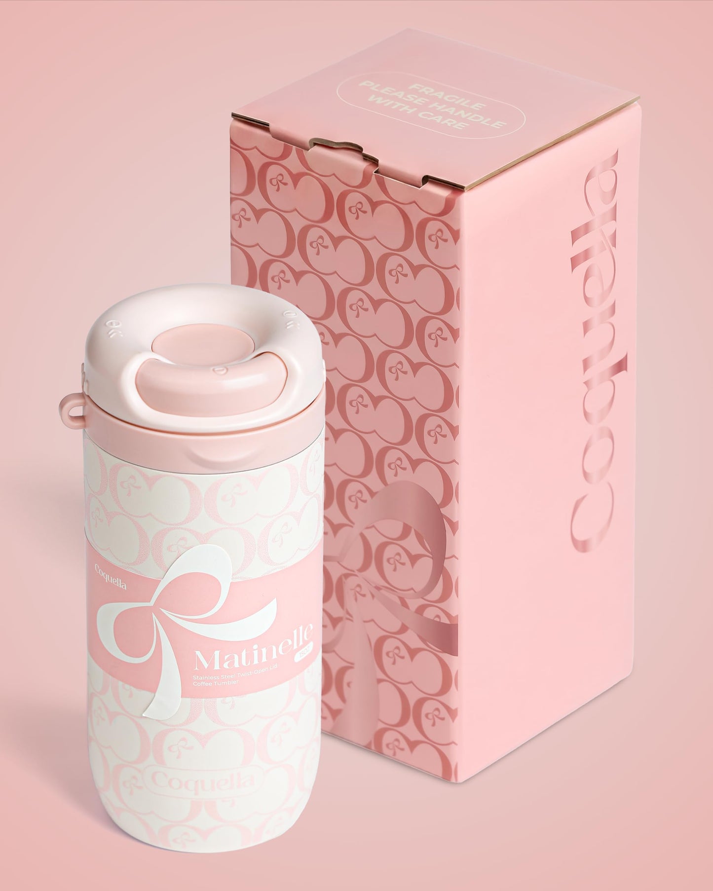 Coquella 15 oz Stainless Steel Coffee Tumbler with Twist-Open Lid, Insulated Travel Mug for Iced Coffee Cold Brew and Warm Beverages, Leakproof, BPA-Free, Cup Holder Friendly, Bow Charm, Blush Pink