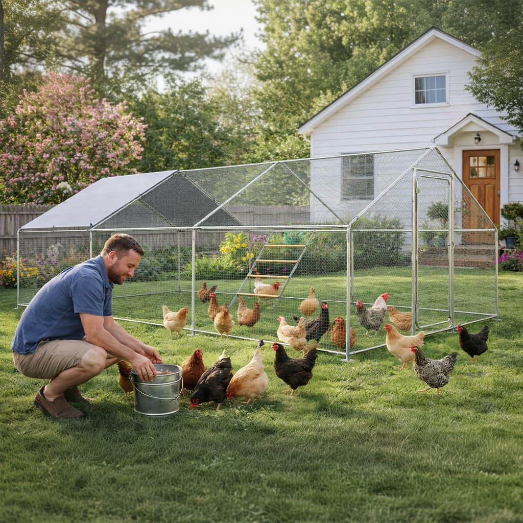 COMHOMA 19.7×10×6.6FT Large Metal Chicken Coop with Roosting Perch,Walk-in Chicken Run with Waterproof Roof & Lockable Door,Outdoor Poultry Cage for Hens,Ducks,Rabbits