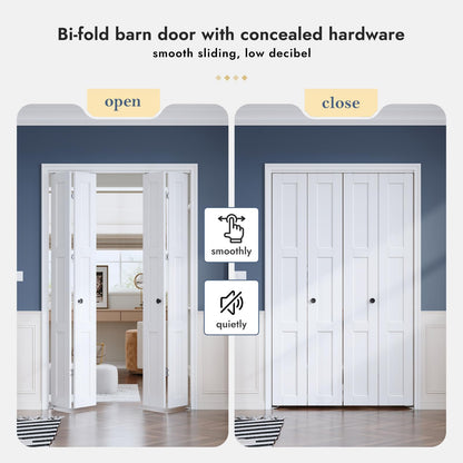 Roymelo White Bifold Doors for 60"×80" Opening, Sliding Interior Closet Folding Barn Door Slab with 5FT Concealed Hardware Kit Included, 3-Panel, MDF Wood Panel Covered with PVC Surface