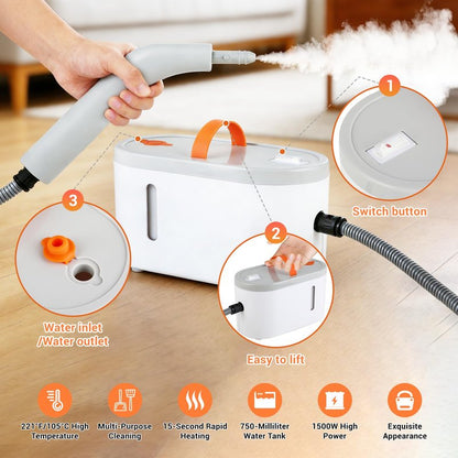 Steam Cleaner for Home - Portable Handheld Steamer for Cleaning With 15s Heat-UP, 0.78 Quarts Tank,9 Accessories - Clean Grease,Automotive wheels and interior trim,Grout, Tile, Floor, Couch, Carpets