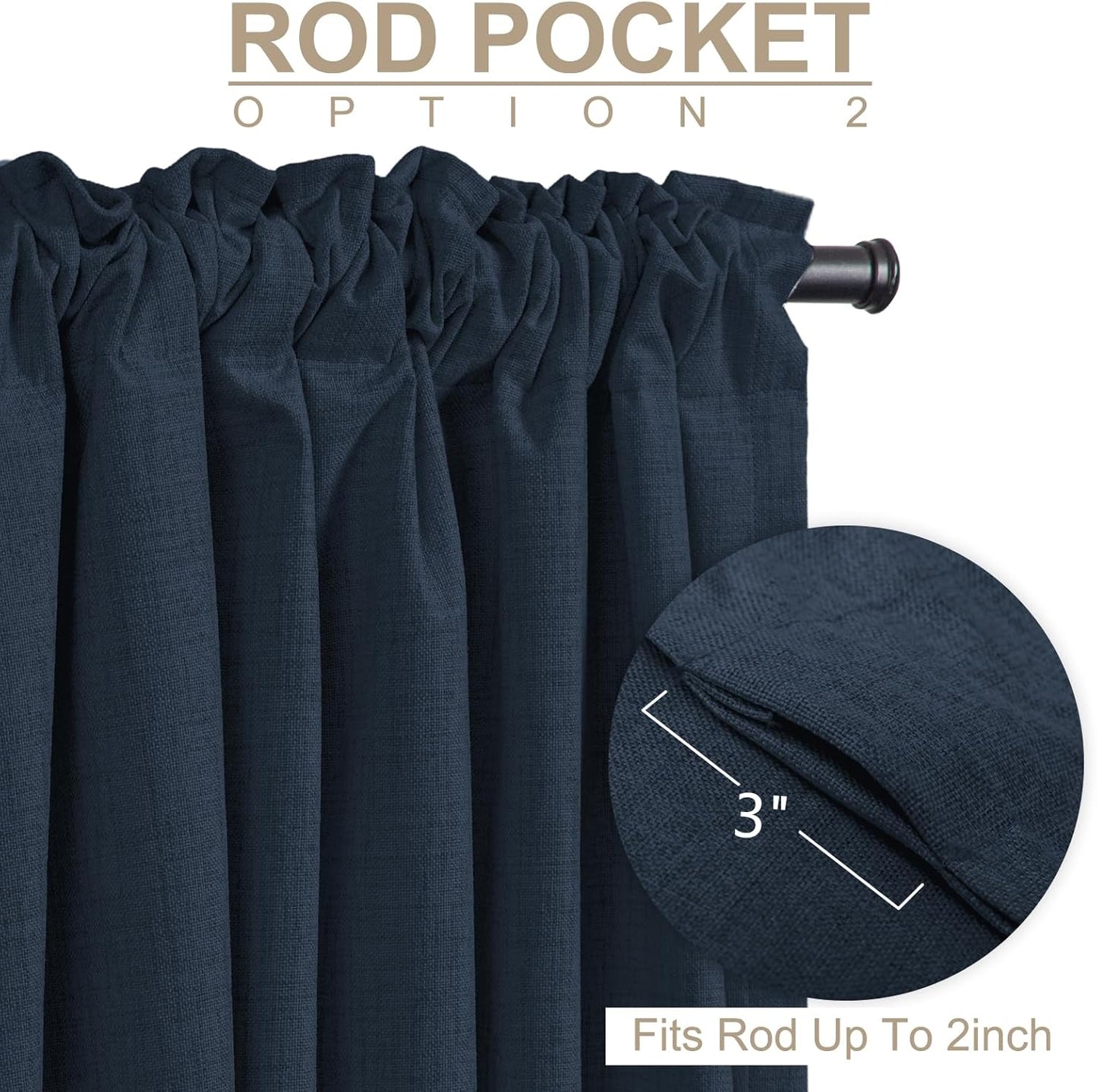 Skiennix 100% Blackout Linen Curtains - Thermal Insulated Drapes for Bedroom | 84" Long, Navy, 2 Panels Set