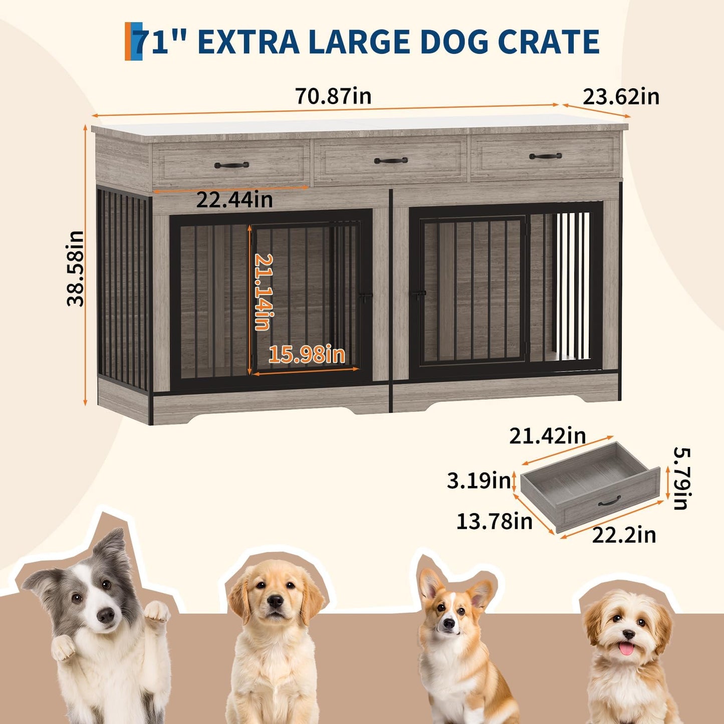 Extra Large Double Dog Crate Furniture – 70.9" Heavy Duty Wooden Kennel for 2 Medium or Large Dogs, Decorative End Table with 3 Drawers, TV Stand, Indoor Dog Cage with Double Doors