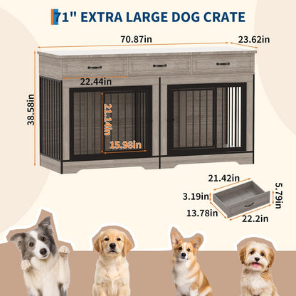 Extra Large Double Dog Crate Furniture – 70.9" Heavy Duty Wooden Kennel for 2 Medium or Large Dogs, Decorative End Table with 3 Drawers, TV Stand, Indoor Dog Cage with Double Doors