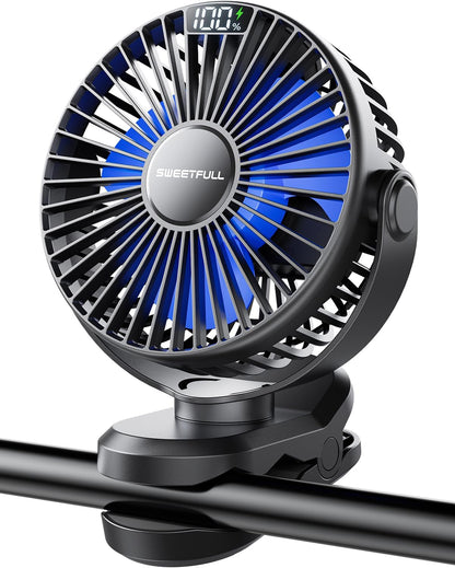 SWEETFULL Portable Clip on Fan, Battery Operated Stroller Fan, 4000mAh Rechargeable Mini Cooling Desk Fan (Black)