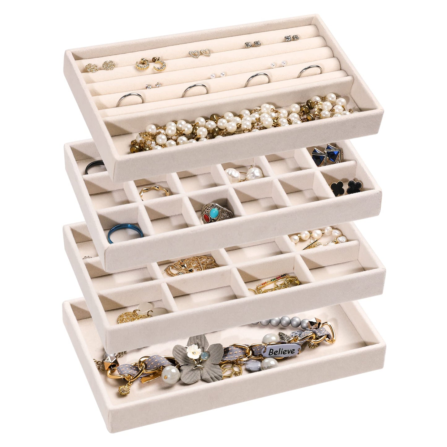 Frebeauty Jewelry Organizer Tray,Stackable Velvet Jewelry Trays,Drawer Inserts Earring Organizer For Women Jewelry Storage Display Case for Rings Stud Necklaces,Set of 4(Beige)