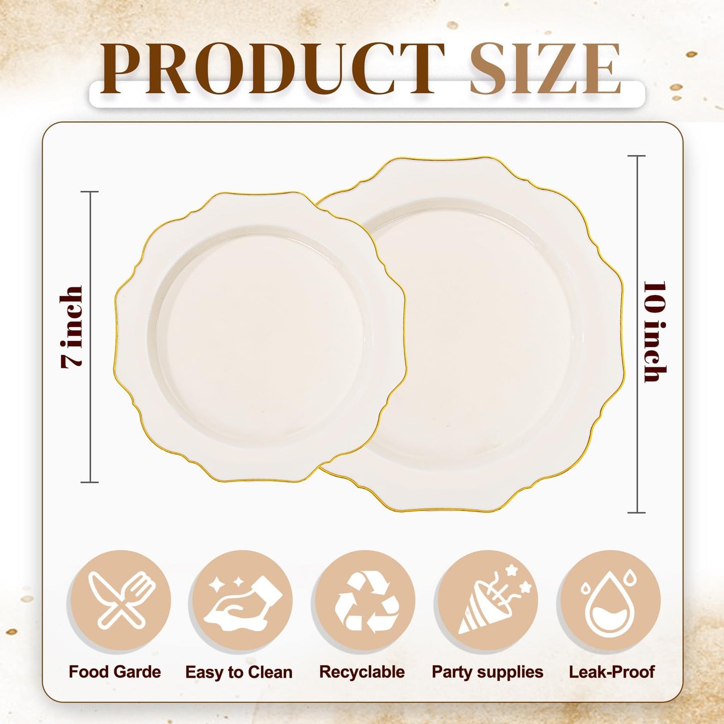 WDF 200PCS Ivory Plastic Plates with Gold Rim - Cream Plastic Plates - Include 100 Dinner & 100 Dessert Fancy Disposable Plate for Party - Heavy Duty Plate for Wedding/Baby Shower/Spring/Mother's Day