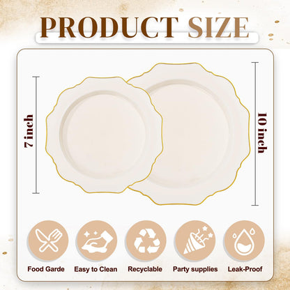 WDF 200PCS Ivory Plastic Plates with Gold Rim - Cream Plastic Plates - Include 100 Dinner & 100 Dessert Fancy Disposable Plate for Party - Heavy Duty Plate for Wedding/Baby Shower/Spring/Mother's Day