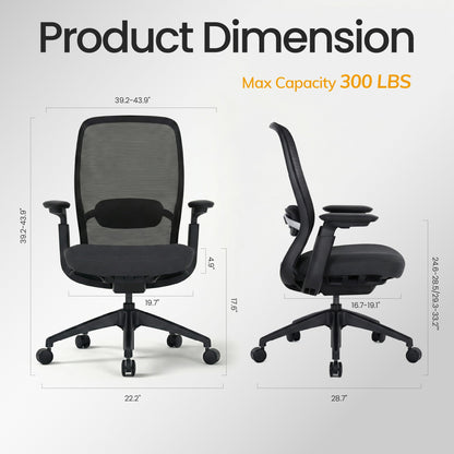 COLAMY Aether Executive Office Chair for Long Hours, One-Touch Easy Adjust Managerial Desk Chair with Levitating Seat Cushion & Pilot-Level Sync Armrests, 300 LBS Mid Back Mesh Computer Chair,Black